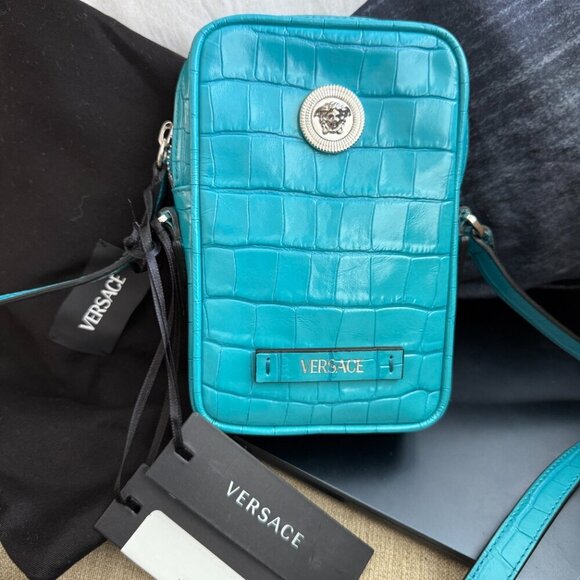 Versace Blue Croc-Embossed Medusa Mini Phone Case Bag 1006192 - Picture 5 of 15